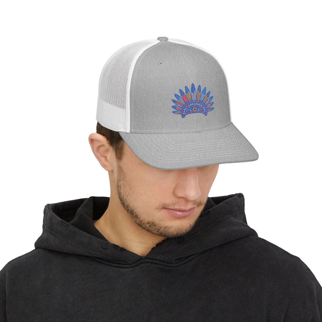 Embroidered Feathered Sun Snapback Trucker Cap