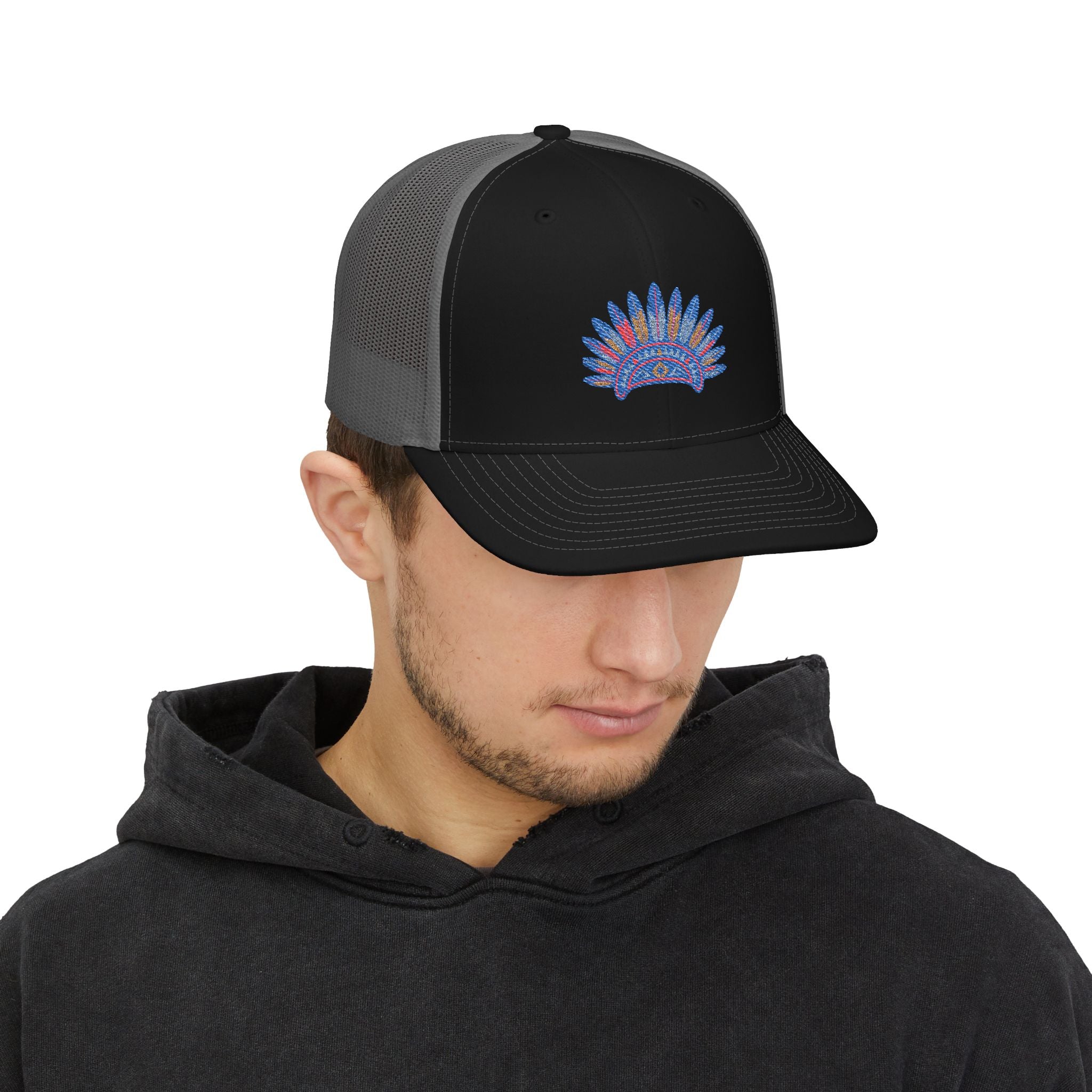 Embroidered Feathered Sun Snapback Trucker Cap