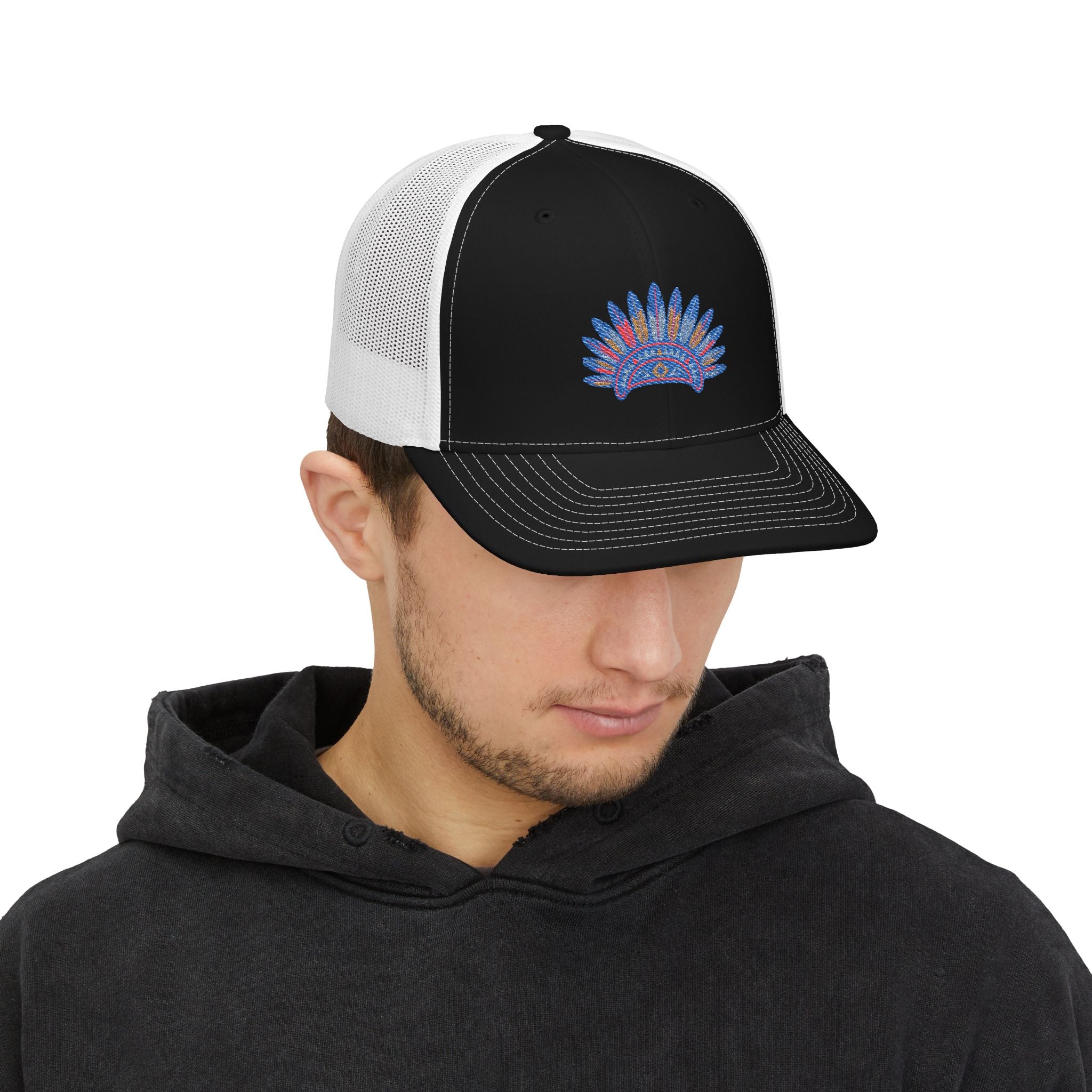 Embroidered Feathered Sun Snapback Trucker Cap